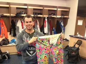 Edmonton's Dave Nedohin, who is throwing third rocks for Norway's Thomas Ulsrud at the Players' Championship in Toronto, shows off the Loudmouth pants the rink will wear in Saturday afternoon's Grand Slam quarter-final playoff game against Canadian champion Brad Jacobs.