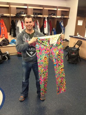 Edmonton's Dave Nedohin, who is throwing third rocks for Norway's Thomas Ulsrud at the Players' Championship in Toronto, shows off the Loudmouth pants the rink will wear in Saturday afternoon's Grand Slam quarter-final playoff game against Canadian champion Brad Jacobs.