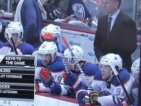 Edmonton Oilers young forwards watch from the bench as a trio of veterans takes to the ice very early in Monday night's Oilers-Ducks game. All screen grabs from Sportsnet.