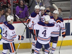 Edmonton Oilers got a lot of chances to work on their goal celebrations on Wednesday, especially the foursome at the focus of this photo who combined for five goals and thirteen points. (Photo by Jordan Verlage/Getty Images)