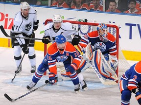 Devan Dubnyk can expect plenty of traffic down low against Dustin "Diplomatic Immunity" Brown and the L.A. Kings. (Photo by Andy Devlin/NHLI via Getty Images)