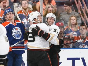 A frustrated Oilers fan mirrors Jeff Petry's shellshocked expression after Nick Bonino and Kyle Palmieri teamed up on the game-winning goal in the last minute of the second period. (Photo by Marko Ditkun/NHLI via Getty Images)