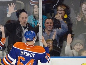 Edmonton Oilers' Nail Yakupov celebrates his hat trick against the Vancouver Canucks during third period NHL hockey action in Edmonton, on Saturday, April 27, 2013. THE CANADIAN PRESS/Ian Jackson