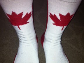 Cathy King sent this picture of a pair of patriotic Canadian socks from the opening day of the world senior curling championships at Fredericton, N.B.