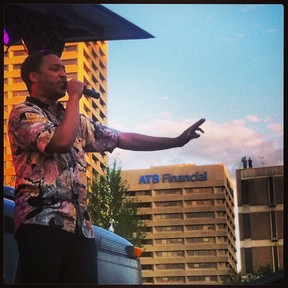 Cadence Weapon performs in Churchill Square as part of the Red Bell Tour Bus Hometown Tour in May.