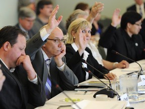 Mayors Stephen Mandel and Gale Katchur vote to support Edmonton's funding request for the downtown arena. Photo by Ed Kaiser/Edmonton Journal