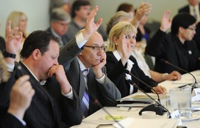 Mayors Stephen Mandel and Gale Katchur vote to support Edmonton's funding request for the downtown arena. Photo by Ed Kaiser/Edmonton Journal