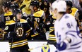 Boston Bruins forward David Krejci is congratulated by teammates after scoring May 1, 2013, in Game 1 of their NHL playoff game against the visiting Toronto Maple Leafs. Krejci has 10 points in four games against the Leafs thus far in the series. Photo by Jared Wickerham, Getty Images