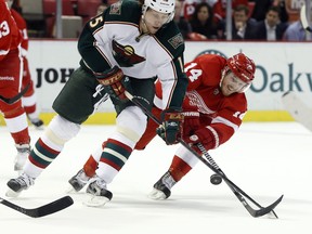 DUANE BURLESON, THE ASSOCIATED PRESS, FILE

Detroit Red Wings forward Gustav Nyquist tries to knock the puck away from Minnesota Wild right winger Dany Heatley during an NHL game at Detroit on March 20, 2013.