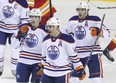 Edmonton Oilers' Taylor Hall, Jordan Eberle and Ryan Nugent-Hopkins celebrate a goal. (Photo: Mike Ridewood/Getty Images)