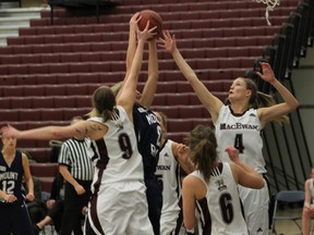 The MacEwan Griffins women's basketball team plays the Mount Royal Cougars in Alberta Collegiate Athletics Conference play in March 2012. Grant MacEwan has been given probationary member status in the Canada West Universities Athletics Association starting in September, with teams beginning conference play next year. MacEwan supplied file photo