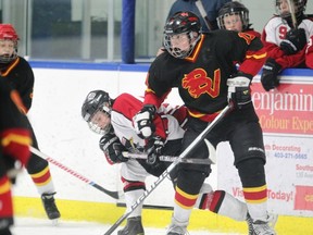 Not all kids are the same size, especially when grouped in 2-year clusters. This is a particular issue when bodychecking is first introduced. (Photograph by: Colleen De Neve , Calgary Herald)