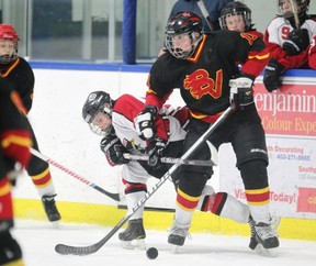 Not all kids are the same size, especially when grouped in 2-year clusters. This is a particular issue when bodychecking is first introduced. (Photograph by: Colleen De Neve , Calgary Herald)