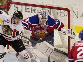 DOUG BEGHTEL, THE OREGONIAN, FILE

Portland Winterhawks centre Nicolas Petan tries to redirect the puck in front of Edmonton Oil Kings goalie Laurent Brossoit during the fifth game of the  Western Hockey League final on May 10, 2013, at Portland's Rose Garden.