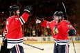Brent Seabrook and Patrick Kane celebrate a goal in Chicago's game five win over Los Angeles. (Photo: Gregory Shamus/Getty Images)
