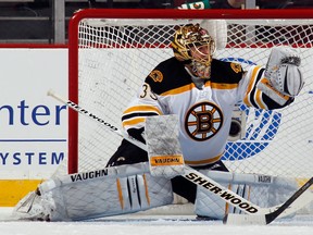 Boston Bruins backup  Anton Khudobin makes a save vs. New Jersey Devils earlier this season. (Photo: Bruce Bennett/Getty Images North America)