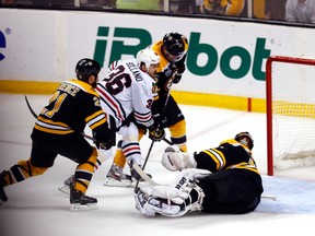David Bolland scores the Stanley Cup-winning goal in Boston on Monday. (Photo: Jim Rogash/Getty Images North America)