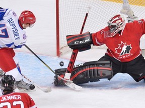 Anton Slepyshev in action against Canada at the World Juniors. (Photo: THE CANADIAN PRESS/Nathan Denette)