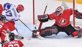 Anton Slepyshev in action against Canada at the World Juniors. (Photo: THE CANADIAN PRESS/Nathan Denette)