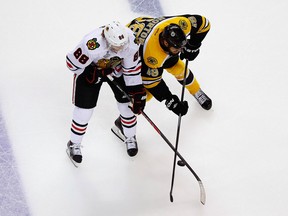 Nathan Horton battling with Patrick Kane during the 2013 playoffs. (Photo: Jared Wickerham/Getty Images)