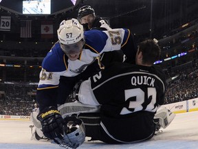 David Perron crashes the net. (Photo: Harry How/Getty Images North America)