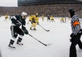 Lee Moffie (in yellow, defending the pass) played a couple of outdoor games during his time at University of Michigan, including The Big Chill vs. Michigan State. (Photo: Gregory Shamus/Getty Images North America)