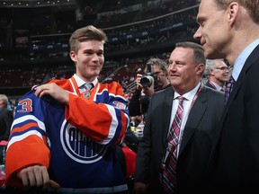 Marco Roy dons the orange and blue at the NHL Draft last June 30. (Photo: Bruce Bennett/Getty Images North America)