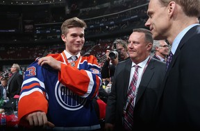 Marco Roy dons the orange and blue at the NHL Draft last June 30. (Photo: Bruce Bennett/Getty Images North America)