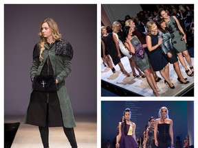 photos: (left) Heather Curtis coat, by Kelly Rosborough; (top) celebrity showcase by Vivid Vision; (bottom) emerging designers, by Donna Lynn Photography