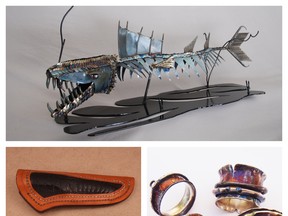 Some of the items for sale include the Dragon Fish (top) by Craig Palmar of Standard, AB; a custom-made knife by Irv Brunas  of Regina (left) and spinner rings by Robyn Cornelius of Edmonton.