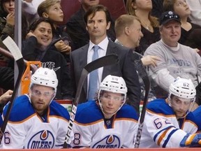 L-R Jesse Joensuu, Tyler Pitlick, and Mark Arcobello are the only three Oilers to suit up both nights that Dallas Eakins has been behind the bench. (Photograph by: DARRYL DYCK, THE CANADIAN PRESS)