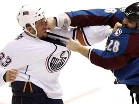 Steve MacIntyre in action during a previous stint with the Oilers.