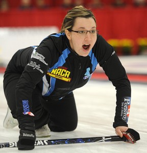 Skip Val Sweeting calls for sweeping during a game against Cheryl Bernard of Calgary during the Alberta Scotties Tournament of Hearts at Leduc on Jan. 28, 2012.