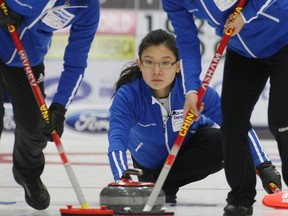 China's Bingyu Wang plays for Team World in the Continental Cup of Curling at Servus Credit Union Place at St. Albert in January 2011.