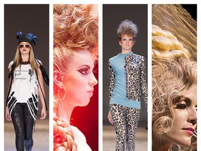 (from left) Aragondina photo of Cherie Howard design; Donna Lynn photo of fantasy hair, Aragondina photo of Rebecka Pichoch design, Ferd Isaac photo of fantasy hair.