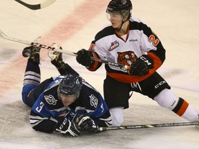 Saskatoon Blades defenceman David Nemecek, left, hits the ice while Medicine Hat Tigers winger Chad Butcher watches play during their WHL game at Credit Union Place in Saskatoon on Wednesday, Oct. 30, 2013. The Tigers won 4-3.