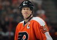 Chris Pronger of the Philadelphia Flyers vs. the visiting St. Louis Blues on October 22, 2011. Pronger's NHL career is over, as Flyers GM Paul Holmgren said today the defenceman will never suit up again due to concussion issues.