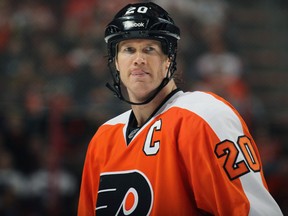 Chris Pronger of the Philadelphia Flyers vs. the visiting St. Louis Blues on October 22, 2011. Pronger's NHL career is over, as Flyers GM Paul Holmgren said today the defenceman will never suit up again due to concussion issues.