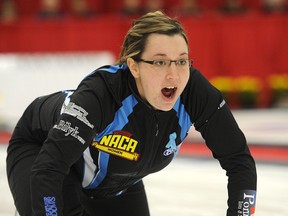 Val Sweeting calls for sweeping during a game in the Scotties Tournament of Hearts Alberta women&#039;s curling championship at Leduc in January 2012.