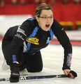 Val Sweeting calls for sweeping during a game in the Scotties Tournament of Hearts Alberta women&#039;s curling championship at Leduc in January 2012.