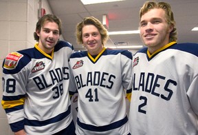 A trio of Saskatoon Blades model throwback jerseys the team wore Friday, Nov. 1, in their game against the Swift Current Broncos. The jerseys are being auctioned off for charity.