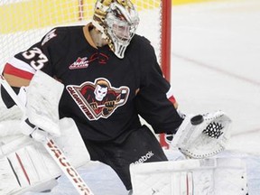 Hitmen goalie Chris Driedger backstopped his team to a shootout win over the visiting Swift Current Broncos Friday, Nov. 15, 2013, at the Saddledome.