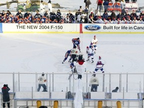 Opening faceoff of the Heritage Classic's alumni game.