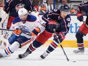 Edmonton Oilers spent far too much of Friday's game in chase mode. Here Jordan Eberle chases Artem Anisimov.  (Photo by Jamie Sabau/NHLI via Getty Images)