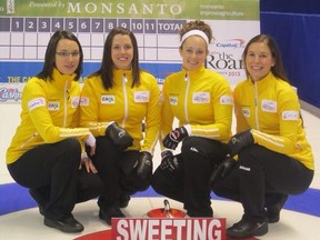 Val Sweeting&#039;s Saville Centre team before the start of the Road to the Roar Olympic curling pre-trials event. From left, Sweeting, second Dana Ferguson, third Joanne Courtney and lead Rachelle Pidherny.