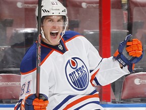 Taylor Fedun of the Edmonton Oilers celebrates after scoring a second period goal against the Florida Panthers at the BB&T Center on Nov.5, 201 3 in Sunrise, Fla.