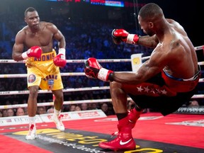 Adonis (Superman) Stevenson, left, knocks out Chad Dawson for the light heavyweight championship of the world. Stevenson was easily the fighter of the year as he destroyed everyone in his path.