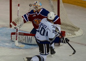 Victoria Royals centre Ben Walker scores on Edmonton Oil Kings goalie Tristan Jarry during WHL action at Rexall Place in Edmonton on Tuesday, Dec. 17, 2013.