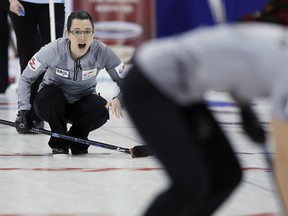 Val Sweeting yells to her sweepers during Wednesday morning&#039;s game against Sherry Middaugh of Coldwater, Ont., in the Tim Hortons Roar Of The Rings Canadian Olympic curling trials at the MTS Centre in Winnipeg.