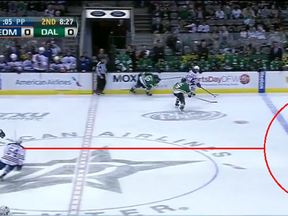 Double-teamed on the far boards, Denis Grebeshkov looks for a safety valve that isn't there. Disaster ensues.
